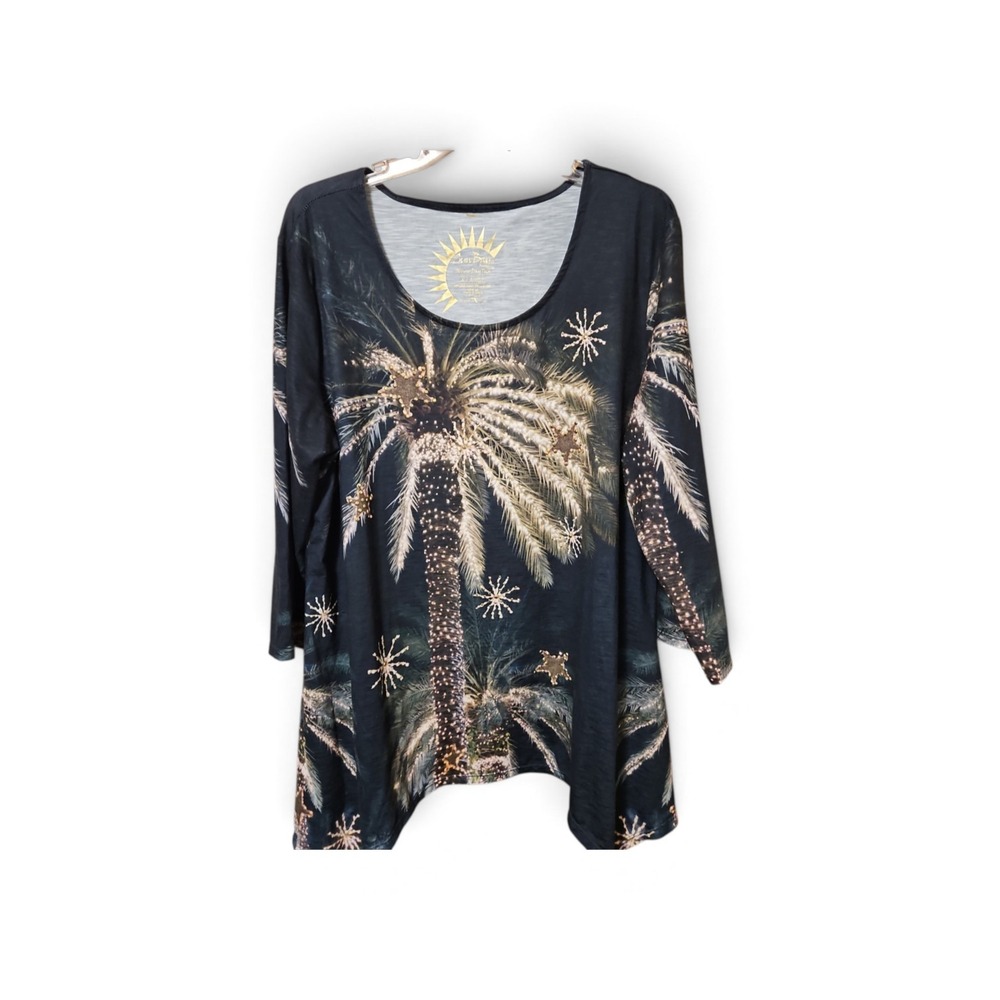 Sun Bay Womens Palm Tree Glitter Star Sharkbite Hem Tunic Top 3/4 Sleeve XL